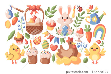 Happy Easter spring holiday decoration symbols, traditional food snacks, natural design elements set 122770127