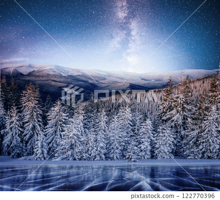 magical winter snow covered tree. Winter landscape. The winter lake is frozen on the front magical winter snow covered tree. Winter landscape. The winter lake is frozen on the front 122770396