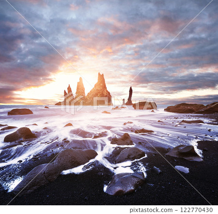 Iceland, Jokulsarlon lagoon, Beautiful cold landscape picture of icelandic glacier lagoon bay, The Rock Troll Toes. Reynisdrangar cliffs. 122770430