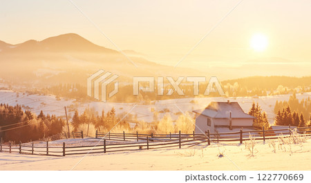 winter landscape trees and fence in hoarfrost, background with snow flakes winter landscape trees and fence in hoarfrost, background with snow flakes 122770669