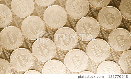 Top view of bitcoin coins on the blue background. Cryptocurrency coins pattern. Bitcoin flat lay. 3d rendering. Top view of bitcoin coins on the blue background. Cryptocurrency coins pattern. Bitcoin flat lay. 3d rendering. 122770948