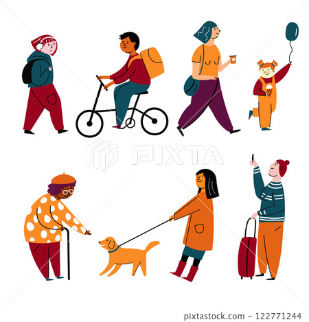 City People Walking, Cycling, Dog Walking, and Traveling 122771244