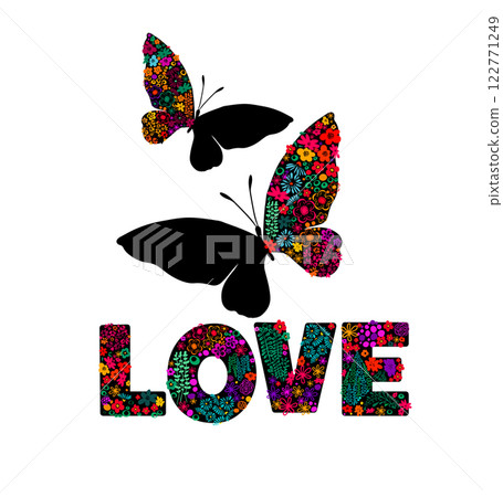 Text love butterflies and flowers. hand drawing. Not AI. Vector illustration 122771249