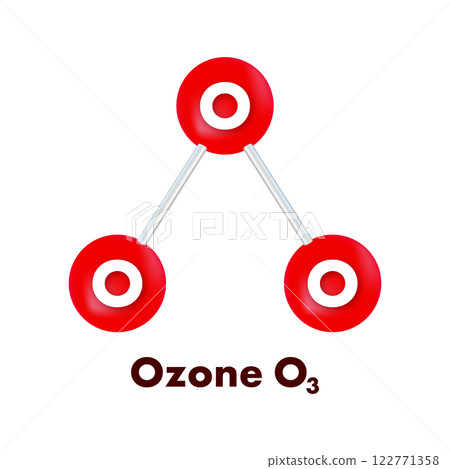 Ozone O3 molecule model with three oxygen atoms forming a triangular structure 122771358