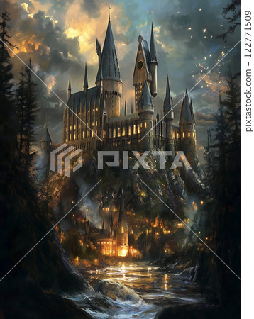 Majestic fantasy castle on a mystical hill, glowing at dusk with magical ambiance. AI Generative 122771509