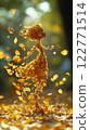 Whimsical autumn spirit made of golden leaves, gracefully dancing in forest breeze. AI Generative 122771514