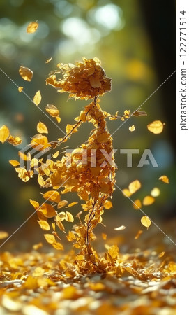Whimsical autumn spirit made of golden leaves, gracefully dancing in forest breeze. AI Generative 122771514