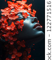 Ethereal woman’s face merging with glowing red flowers, radiating surreal beauty. AI Generative 122771516