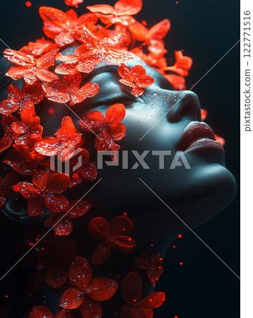 Ethereal woman’s face merging with glowing red flowers, radiating surreal beauty. AI Generative Ethereal woman’s face merging with glowing red flowers, radiating surreal beauty. AI Generative 122771516