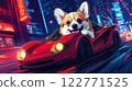 Cool corgi driving sports car through a neon-lit cyberpunk city, dynamic and stylish. AI Generative 122771525