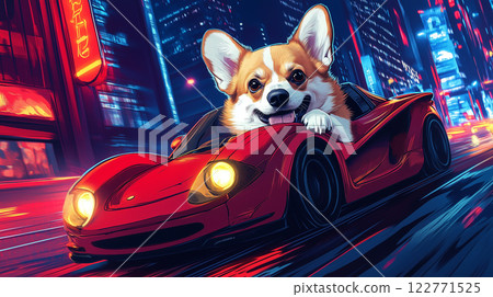 Cool corgi driving sports car through a neon-lit cyberpunk city, dynamic and stylish. AI Generative Cool corgi driving sports car through a neon-lit cyberpunk city, dynamic and stylish. AI Generative 122771525