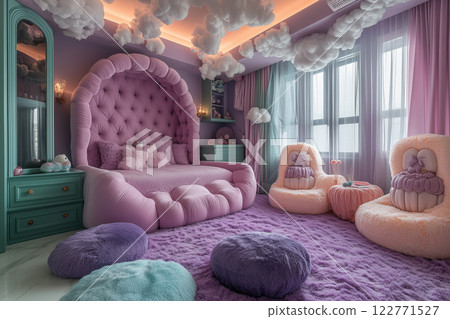 Whimsical pastel bedroom with cloud decor, plush furniture, and dreamy lighting. AI Generative Whimsical pastel bedroom with cloud decor, plush furniture, and dreamy lighting. AI Generative 122771527