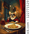 Elegant corgi superhero in mask and cape, enjoying gourmet pasta dinner in restaurant. AI Generative 122771529