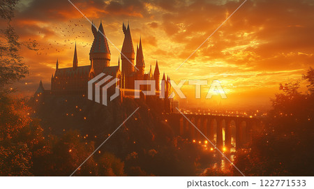 Majestic castle glowing at sunset with enchanting fantasy ambiance and mystical charm. AI Generative Majestic castle glowing at sunset with enchanting fantasy ambiance and mystical charm. AI Generative 122771533