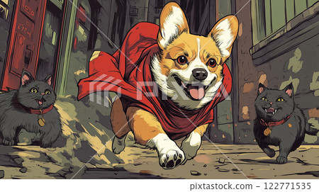 Brave superhero corgi in red cape dashing through city streets, with black cats. AI Generative Brave superhero corgi in red cape dashing through city streets, with black cats. AI Generative 122771535