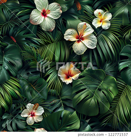Tropical pattern with lush green leaves and exotic hibiscus flowers. AI Generative Tropical pattern with lush green leaves and exotic hibiscus flowers. AI Generative 122771537