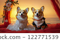 Corgi couple dressed as bride and groom at a sunset wedding ceremony on the beach. AI Generative 122771539