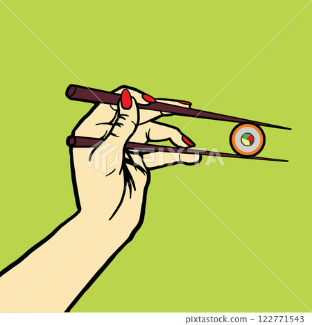 Hand with chopsticks and sushi pop art vector Hand with chopsticks and sushi pop art vector 122771543