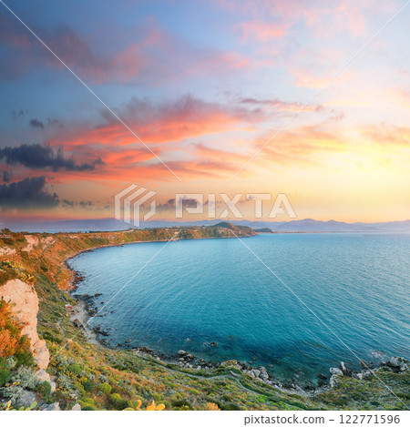 Breathtaking spring view on the the cape Milazzo panorama of nature reserve. 122771596