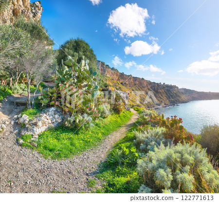 Stunning spring view on the the cape Milazzo panorama of nature reserve Piscina di Venere. 122771613