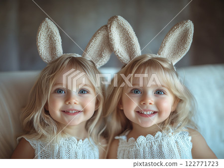 Two little girls with rabbit ears on light background, raised hands greeting, Easter concept. 122771723