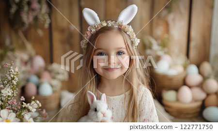 Happy girl bunny ears headband holding rabbit. Easter concept. Holidays, copy space, greeting cards 122771750