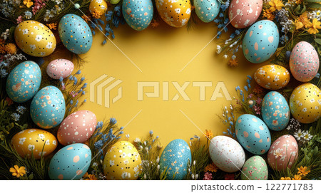 Colorful pastel Easter eggs yellow background, blank mockup. Holidays, frame Easter concept Colorful pastel Easter eggs yellow background, blank mockup. Holidays, frame Easter concept 122771783