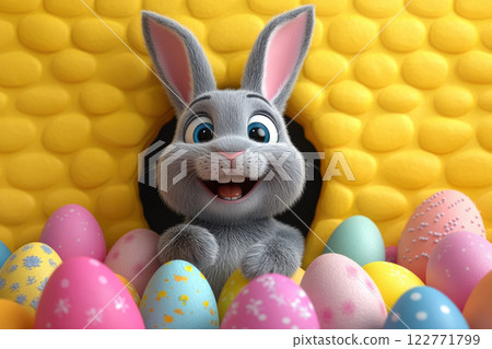 Rabbit surrounded Easter painted eggs. Holidays, spring Easter concept, copy space, greeting cards 122771799