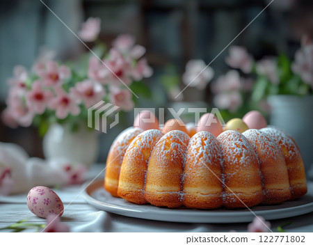 Easter cake, Easter eggs around it, flower, Easter poster, banner, Easter painted eggs, copy space 122771802