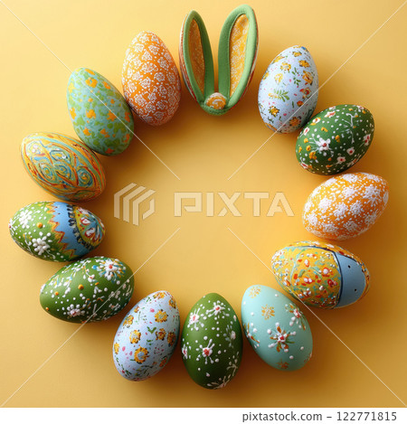 Colorful Easter eggs in basket yellow background, Holidays, copy space, greeting cards 122771815