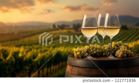 Panorama wine with grapes barrel sunny vineyard background. Seasonal grape background, harvest 122771836