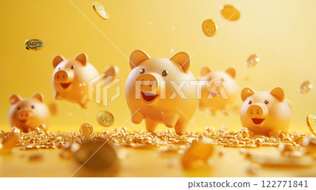 Shiny golden piggy banks with coins symbolizing wealth, savings and prosperity, golden background 122771841