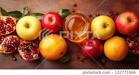 Traditional Rosh Hashanah bright display apples, honey, pomegranates shofar. New Year, copy space 122771866