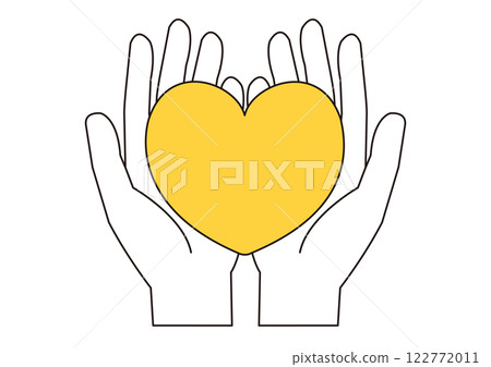 Illustration of a yellow heart on the palm of your hand_Line drawing 122772011