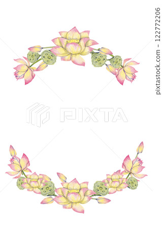 Floral Frame with Lotus Flowers and Leaves, Watercolor Illustration for Printing on Cards, Flyers, Leaflets, Posters, Fabric, Textiles and Social Media Post Design 122772206