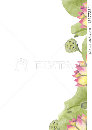 Watercolor Lotus Flower Border Vertical , Watercolor Illustration for Printing on Cards, Flyers, Leaflets, Posters, Fabric, Textiles and Social Media Post Design 122772244