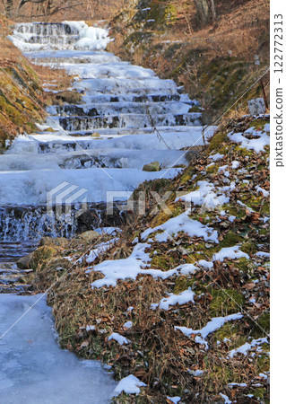 French style staircase construction in Ushibushi River in freezing winter French style staircase construction in Ushibushi River in freezing winter 122772313