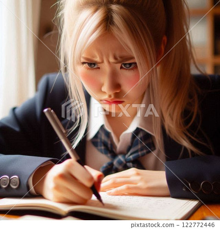 High school girl studying hard High school girl studying hard 122772446