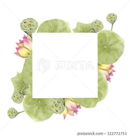 Floral Square Frame with Lotus Flowers, Watercolor Illustration for Printing on Cards, Flyers, Leaflets, Posters, Fabric, Textiles and Social Media Post Design 122772751