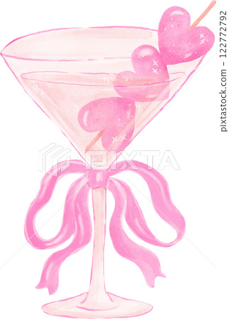 Coquette Pink Martini Glass with Pink Bow and Heart Olives Watercolor Coquette Pink Martini Glass with Pink Bow and Heart Olives Watercolor 122772792