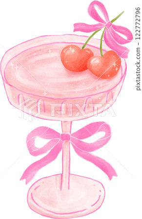 Coquette Pink Martini Glass with Pink Bow and Heart Cherries Watercolor Coquette Pink Martini Glass with Pink Bow and Heart Cherries Watercolor 122772796