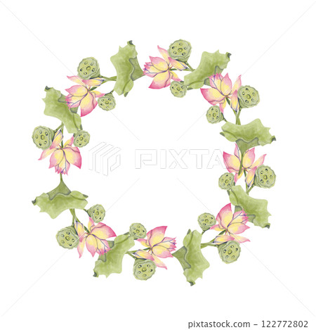 Floral Wreath with Pink Lotus Flowers, Watercolor Illustration for Printing on Cards, Flyers, Leaflets, Posters, Fabric, Textiles and Social Media Post Design Floral Wreath with Pink Lotus Flowers, Watercolor Illustration for Printing on Cards, Flyers, Leaflets, Posters, Fabric, Textiles and Social Media Post Design 122772802