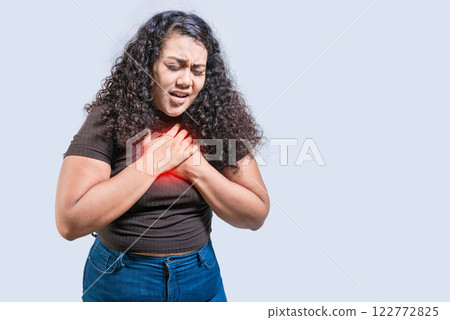 People with chest pain isolated. Young woman with tachycardia isolated. Latin girl with heart pain. Concept of people with heart problems 122772825