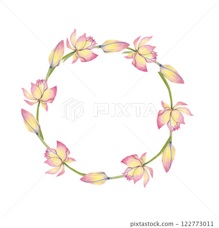Floral Wreath Illustration with Pink Lotus Flowers, Watercolor Illustration for Printing on Cards, Flyers, Leaflets, Posters, Fabric, Textiles and Social Media Post Design 122773011