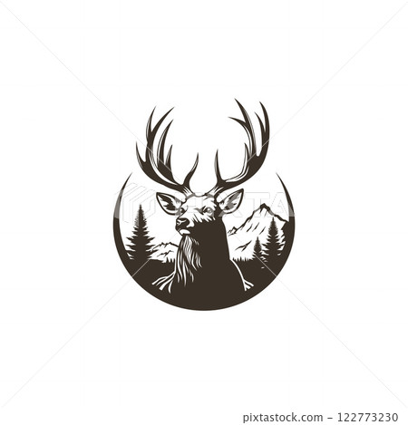 Deer with Big Antlers in Mountain Logo Template Deer with Big Antlers in Mountain Logo Template 122773230