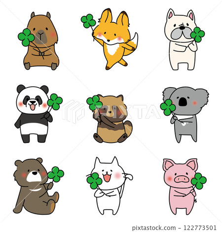 Set of animals holding four-leaf clovers Set of animals holding four-leaf clovers 122773501