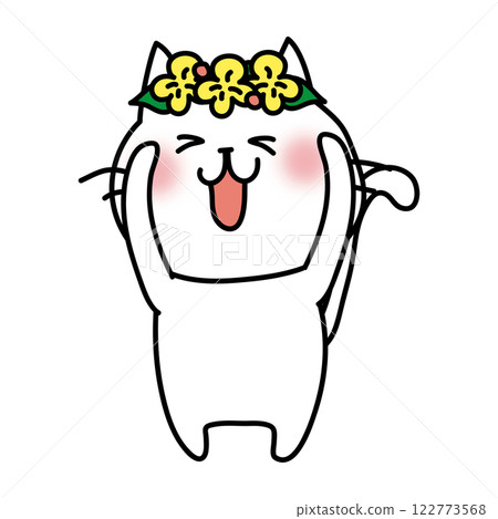 White cat with a flower crown on its head 122773568