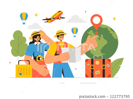 Travel Vector Illustration featuring Backpacking, Luggage, Maps, and Photo Cameras for Adventure, Tourism, and Exploration in a Flat Background 122773795