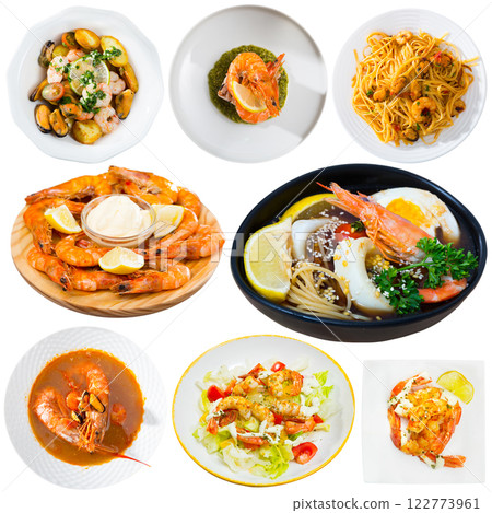 Dishes with shrimps isolated on white 122773961