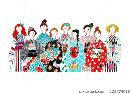 Hand-drawn illustration: Women wearing Japanese clothing Hand-drawn illustration: Women wearing Japanese clothing 122774018